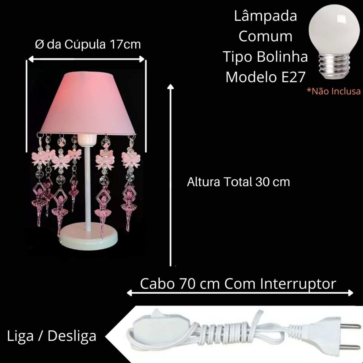 Luminária Decoração Quartinho de Recém Nascido Bebê Abajur com Cúpula Lacinhos 17X30cm - 3