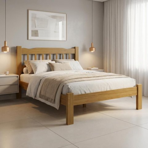 Cama Casal com Colchão em Madeira Maciça Perola Nogueira