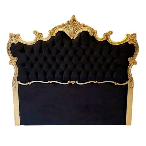 Cabeceira de Cama Casal Imperial Rainha Veludo Preto com Capitonê e Detalhes Dourado