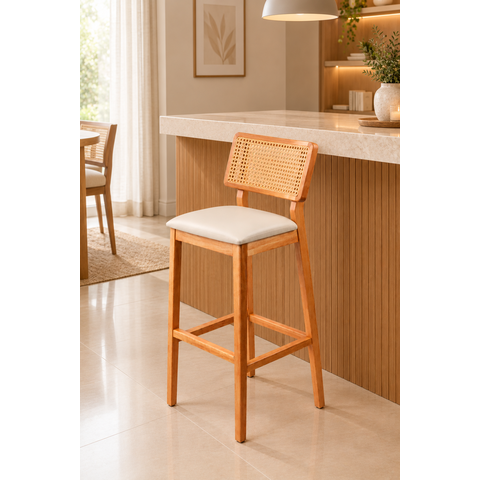 Banqueta Alta Vitória em Madeira Maciça no Courino Off White