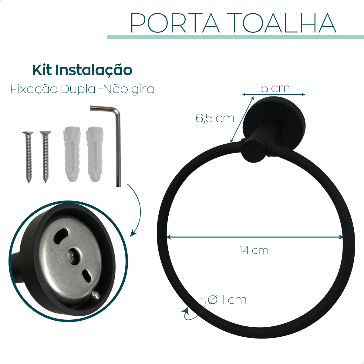 Suporte Porta Toalha Argola Toalheiro Preto Fosco Inox Porta Toalha Rosto Redondo Acessório Banheiro - 4