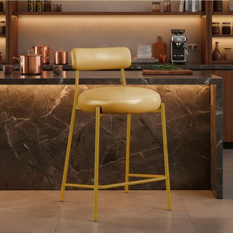 Banqueta Cozinha Alta com Encosto Industrial Dourado Londres PU Facto D03 - D'Rossi