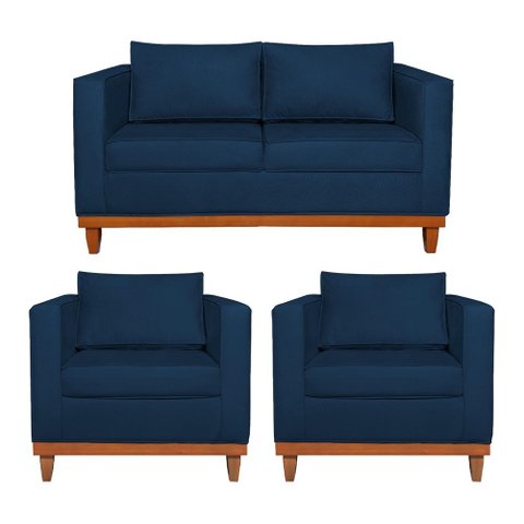 Kit Sofá 3 Lugares e 2 Poltronas Europa 180 cm Estilo Conforto e Elegância Suede Azul Marinho