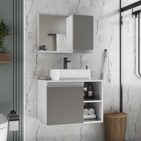 Conjunto de Gabinete Banheiro Virtus 60cm com Cuba e Espelheira