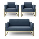 Ver imagem 1 de Sofá Namoradeira com 2 Poltronas Base Industrial Alta Dourado Marisa Suede D03 - D\'rossi Cor Azul