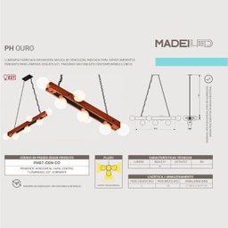 Pendente Ouro em Madeira Maciça com 7 Soquetes E27 Corrente - 5