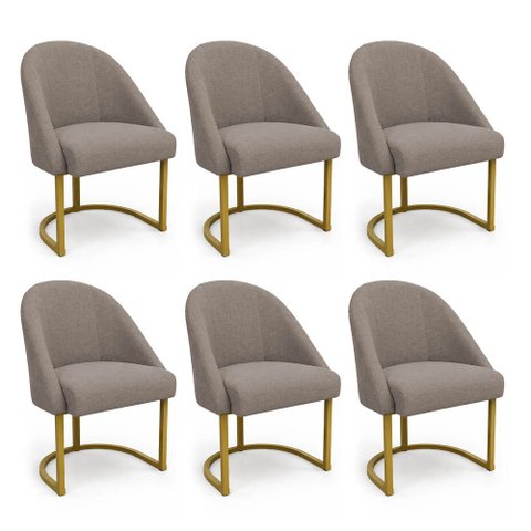 Kit 06 Cadeiras Poltrona de Jantar Lua Linho Capuccino Base Ferro Dourado Dal Poz Estofados