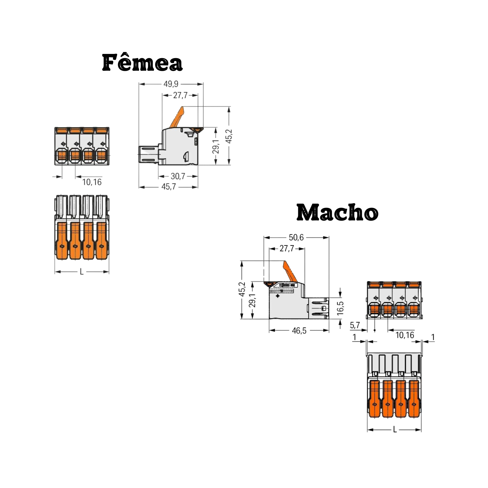 Kit Conector Wago 832-1104-1204 Macho e Femea Linha Pesada - 9