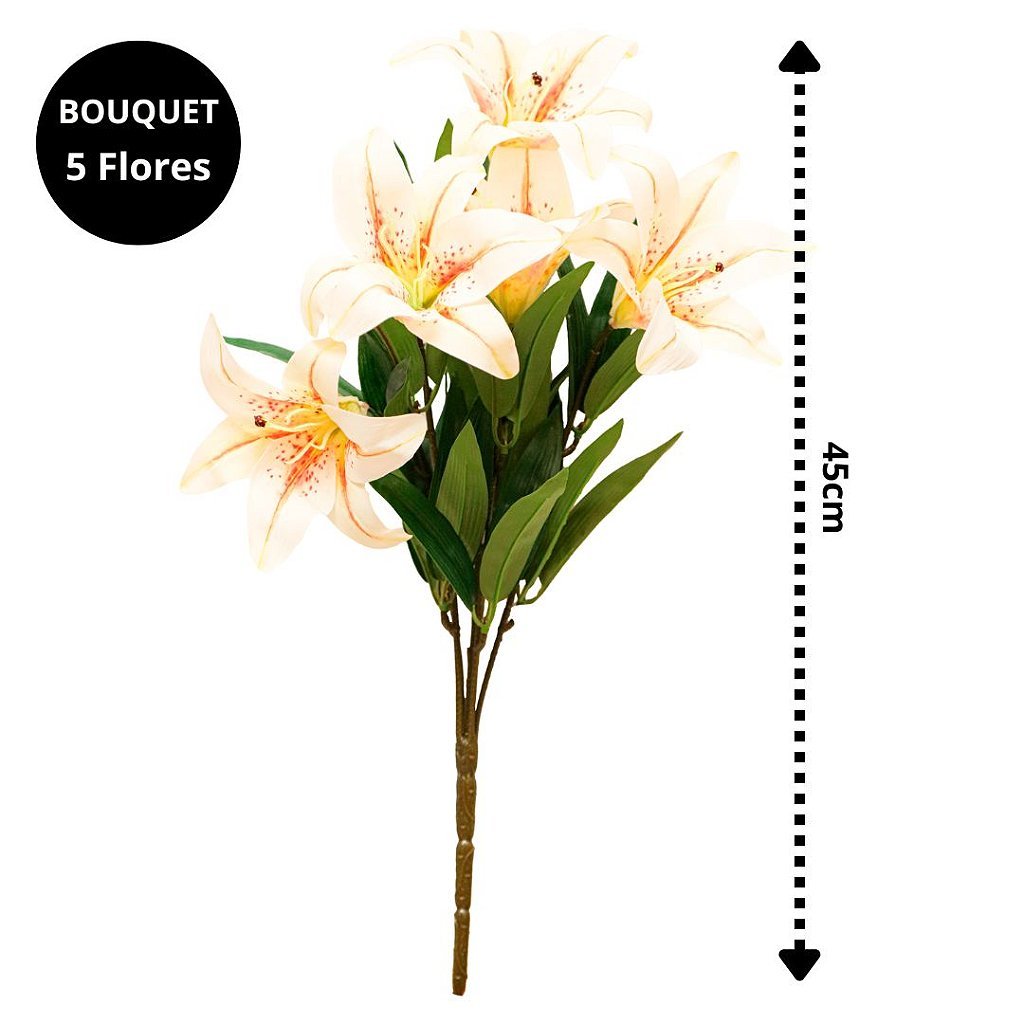 Buquê Lírio Branco Realista 5 Flores e Folhagens 45cm - 3