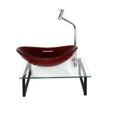 Kit Cuba de Vidro Oval 10mm Vermelho Cereja com Tampo 40cm Incolor e Suporte Preto