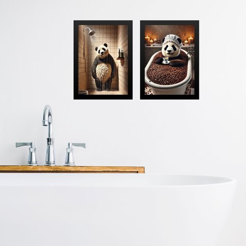 Kit 2 Quadros para Banheiro Urso Panda - Café 45x34cm - com Vidro:moldura Preta
