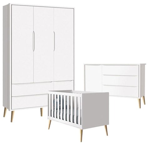 Quarto de Bebê Theo 3 Portas com Cômoda Branco Acetinado Pés Madeira Natural - Reller