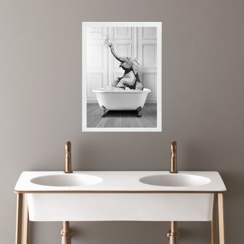 Quadro Banheiro Coleção Animais - Elefante 33x24cm - com Vidro:madeira Branca