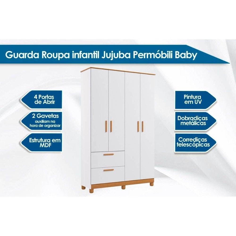 Quarto Infantil Completo Jujuba 3 Peças (guarda Roupa+cômoda+berço) Nature/branco - Permóbili - 4