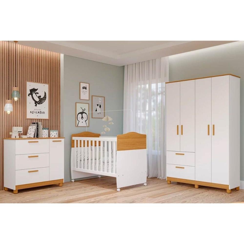 Quarto Infantil Completo Jujuba 3 Peças (guarda Roupa+cômoda+berço) Nature/branco - Permóbili