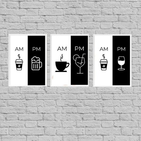 kit 3 Quadros Café Bebidas Alcóolicas- AM PM 45x34cm:Madeira branca