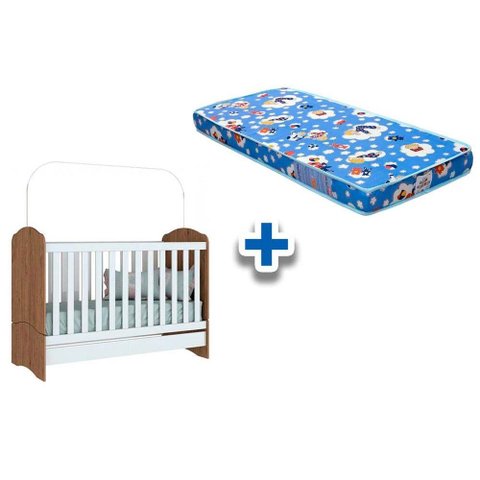 Berço / Mini Cama Infantil Bala de Menta 3 em 1 + Colchão Ortobom Rústico/Branco - Henn