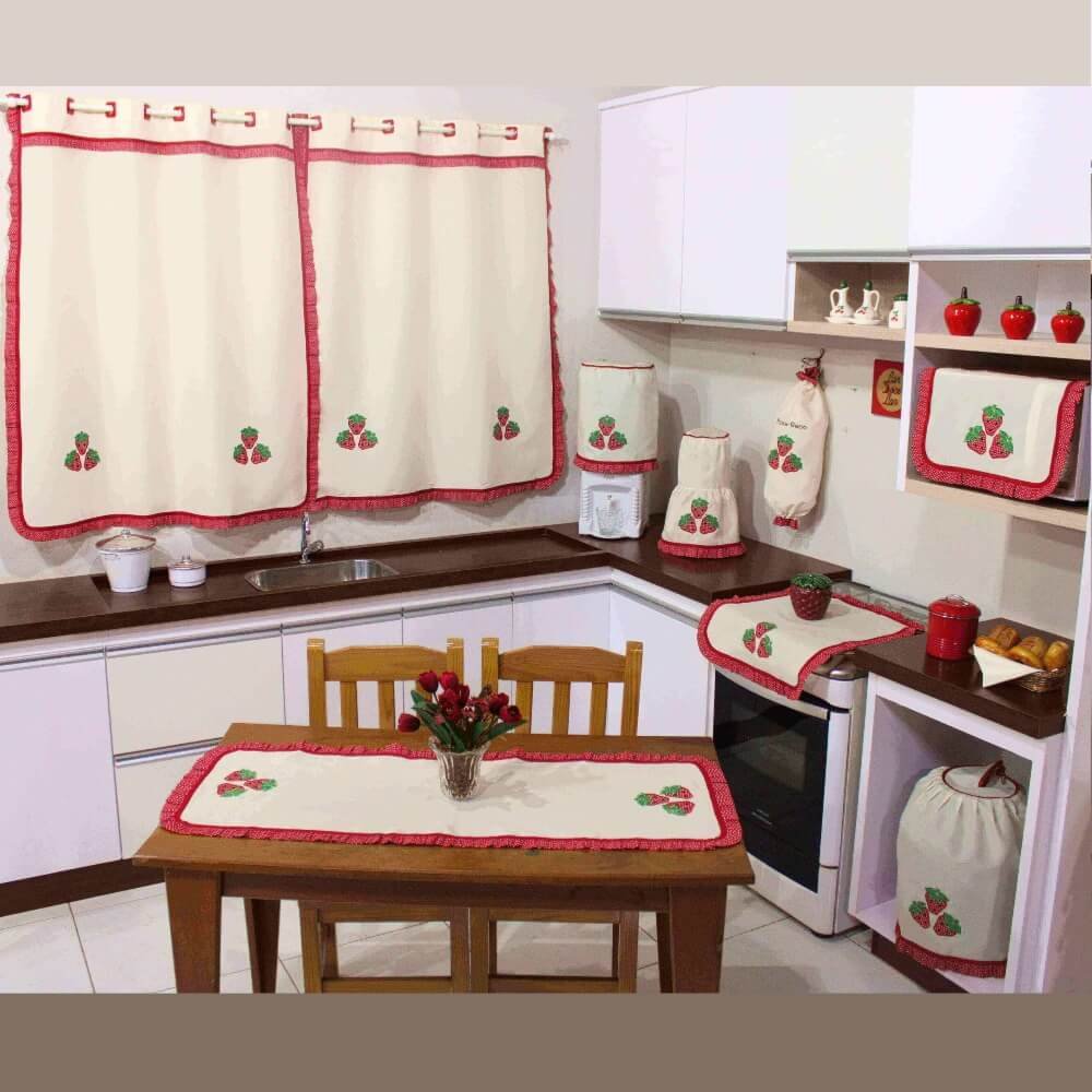 Jogo De Cozinha Com Cortina Milena 08 Peças - MORANGOS | MadeiraMadeira