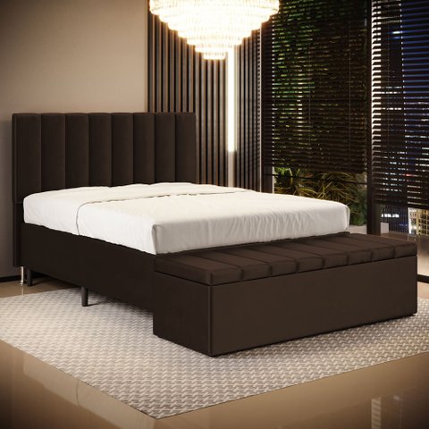 Cabeceira Nashira e Calçadeira Baú Navi 160 para Cama Queen N-027 Veludo Marrom Chocolate Aradecor