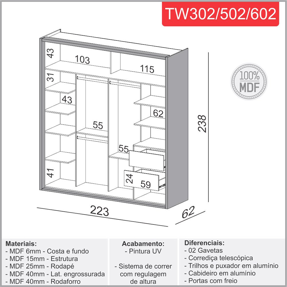 Guarda-roupa Roupeiro Casal com 02 Portas 2,23m 100% Mdf - Dalla Costa: Freijó/off White - 3