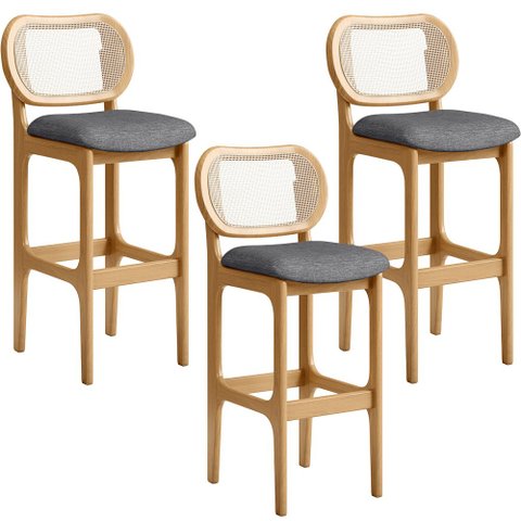 Kit 03 Banquetas Altas Para Cozinha Bancada Sala Tela Betta Fixa L02 Linho Cinza Escuro - Lyam Decor