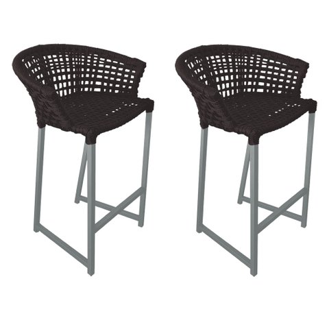 Kit 2 Banquetas Reis em Corda Náutica e Base em Alumínio Cinza para Área Gourmet - Externa Marrom