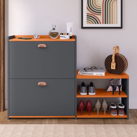 Sapateira Organizadora Quarto Closet Hall de Entrada Banco 2 Portas Basculantes Puxador Concha Milan