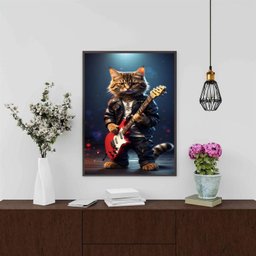 Quadro Gatinho Roqueiro - Guitarra 24x18cm - com Vidro:moldura Preta - 1