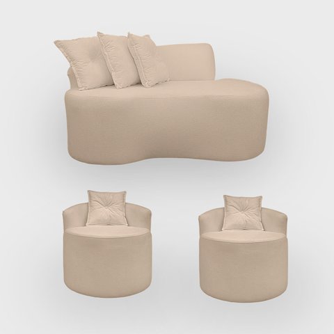Kit 2 Poltronas com Sofá Curvo 2 Lugares Feijão Forma Orgânica Bouclé