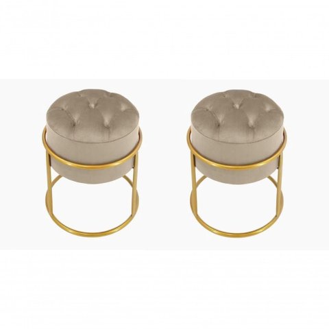Kit 2 Puff Banqueta Estofado Decorativo Base de Ferro Capitonê Suede Bege do Lar Móveis e Decora