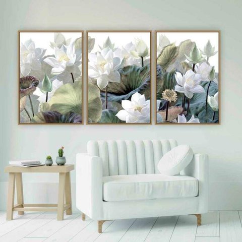 Quadro Tela Composição Flor Branca Moldura Bege 3X 95X63Cm