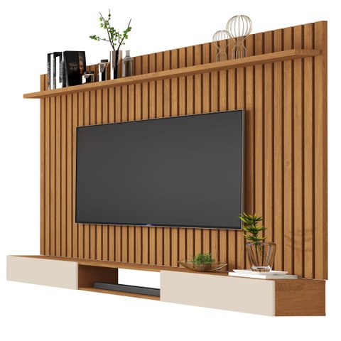 Painel Classic Ripado e Nicho 3 Gavetas Sala Estar TV até 72:Nature/Off White