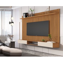 Painel Classic Ripado e Nicho 3 Gavetas Sala Estar TV até 72:Nature/Off White - 2