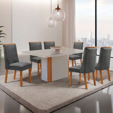 Mesa de Jantar Isadora 180cm Tampo MDF Vidro Canto Copo com 6 Cadeiras Yasmin