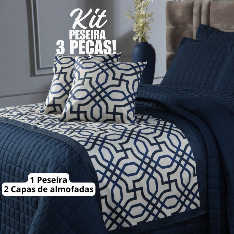 Kit Peseira Queen Mais 2 Capa de Almofadas 43 X 43cm.:azul