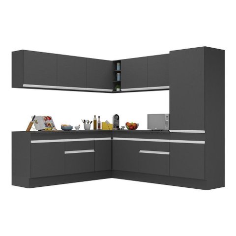 Armário de Cozinha Completa de Canto com Rodapé Veneza Multimóveis V2101 Preto/Branco