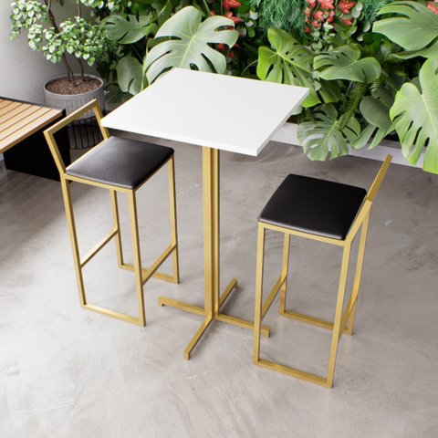Jogo Mesa Alta Bistrô Quadrada Branca 2 Banqueta Confort Estofado Dourado Don Castro Deco