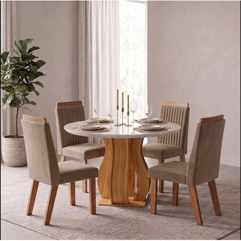 Sala de Jantar Mesa Nuance 110cm Redonda Tampo Vidro/MDF com 4 Cadeiras Riviera Cinamomo Yescasa