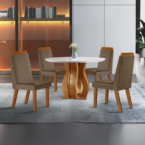 Sala de Jantar Mesa Nuance 110cm Redonda Tampo Vidro/MDF com 4 Cadeiras Monaco Cinamomo Yescasa