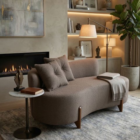 Sofá Orgânico c/2 Almofadas 1,40 cm Curvo Sala Recepção Luna Boucle Cappuccino  - Montanaris Decor