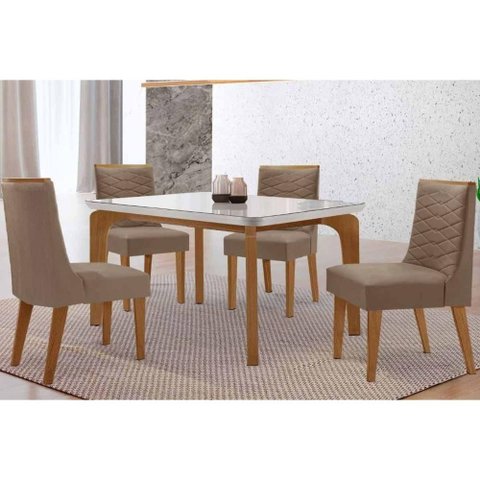 Conjunto: Mesa Sala Jantar Londrina Tampo c/ Vidro Curvo 120cm 4 Cadeiras Maldivas Madeira Naturale/