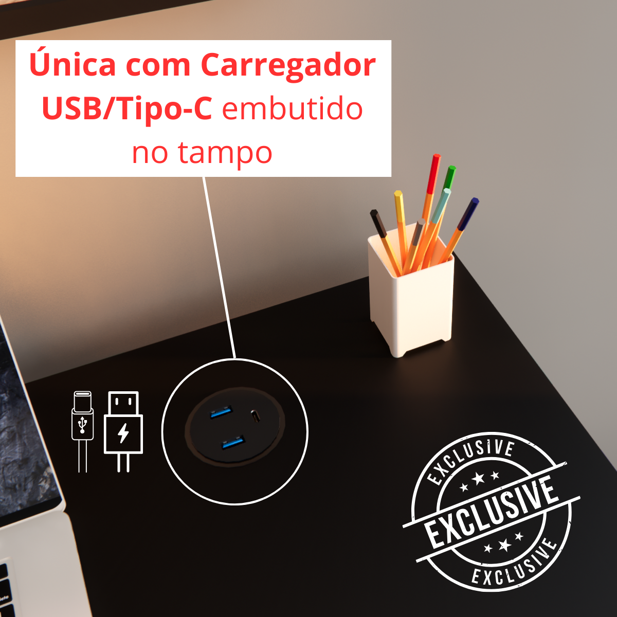 Mesa Escrivaninha Home Office Estilo Industrial 100% Mdf com Usb/tipo-c Embutido:preto - 2