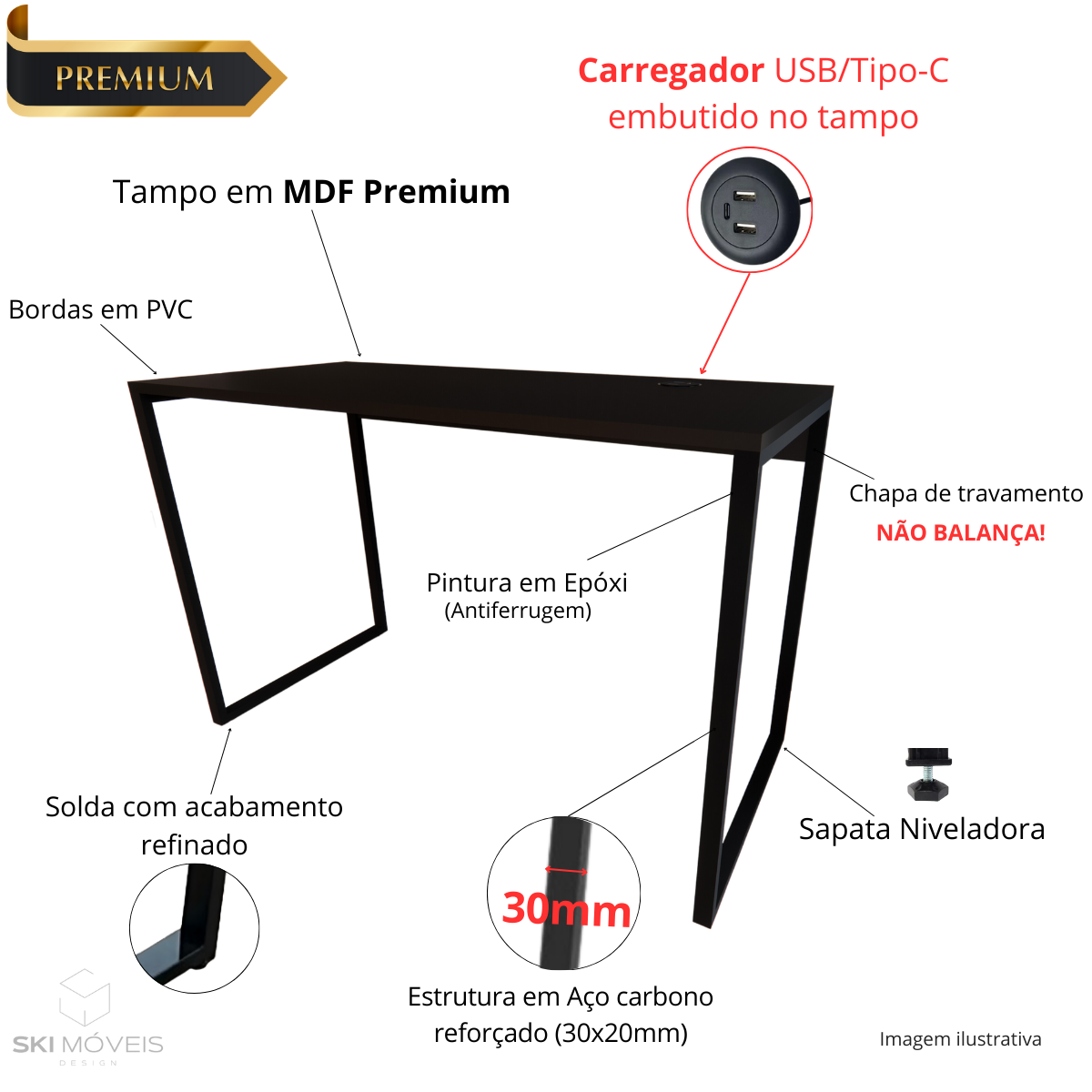 Mesa Escrivaninha Home Office Estilo Industrial 100% Mdf com Usb/tipo-c Embutido:preto - 3