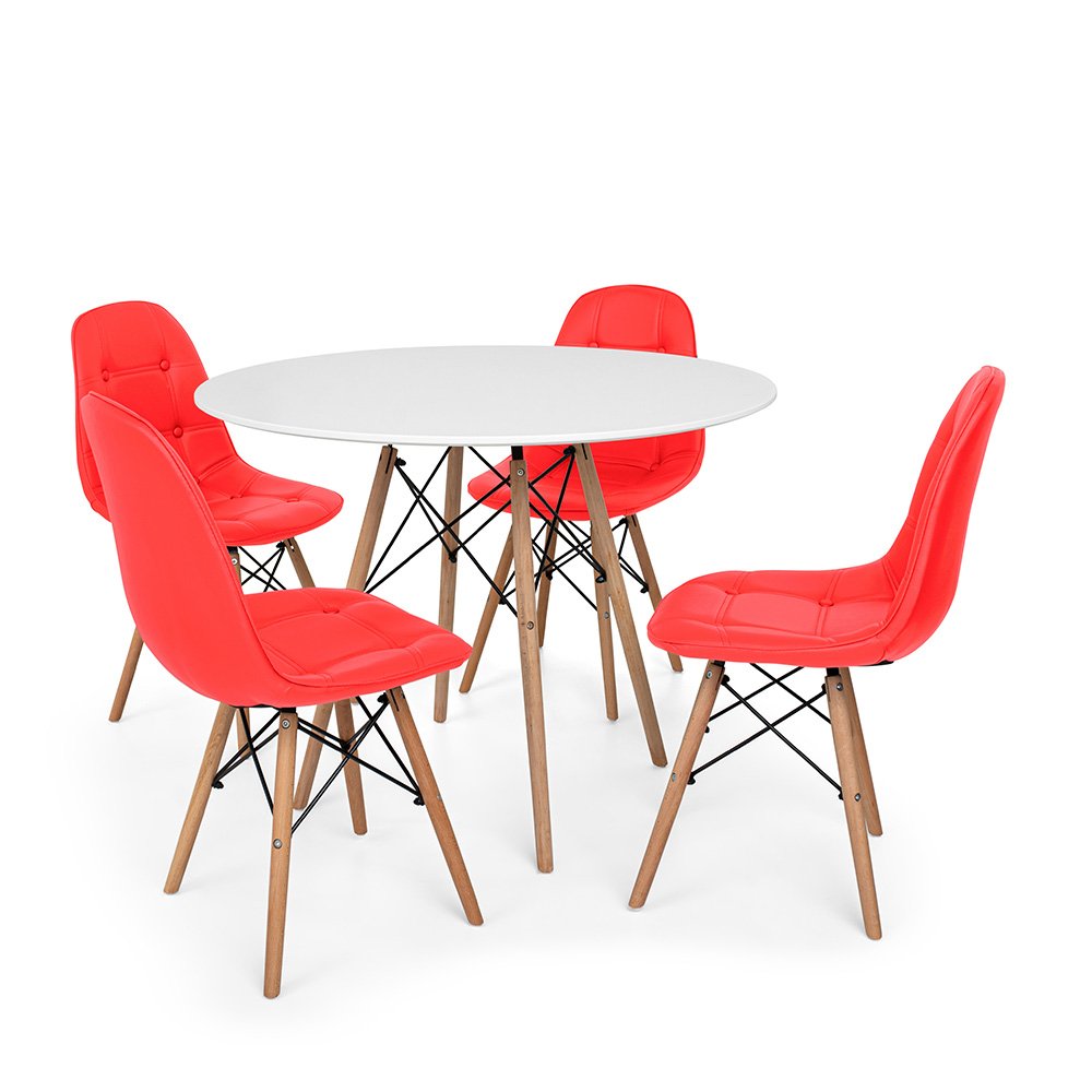 Conjunto Mesa de Jantar Eiffel 80cm Branca com 4 Cadeiras Charles Eames Wood Botonê Vermelha - 1