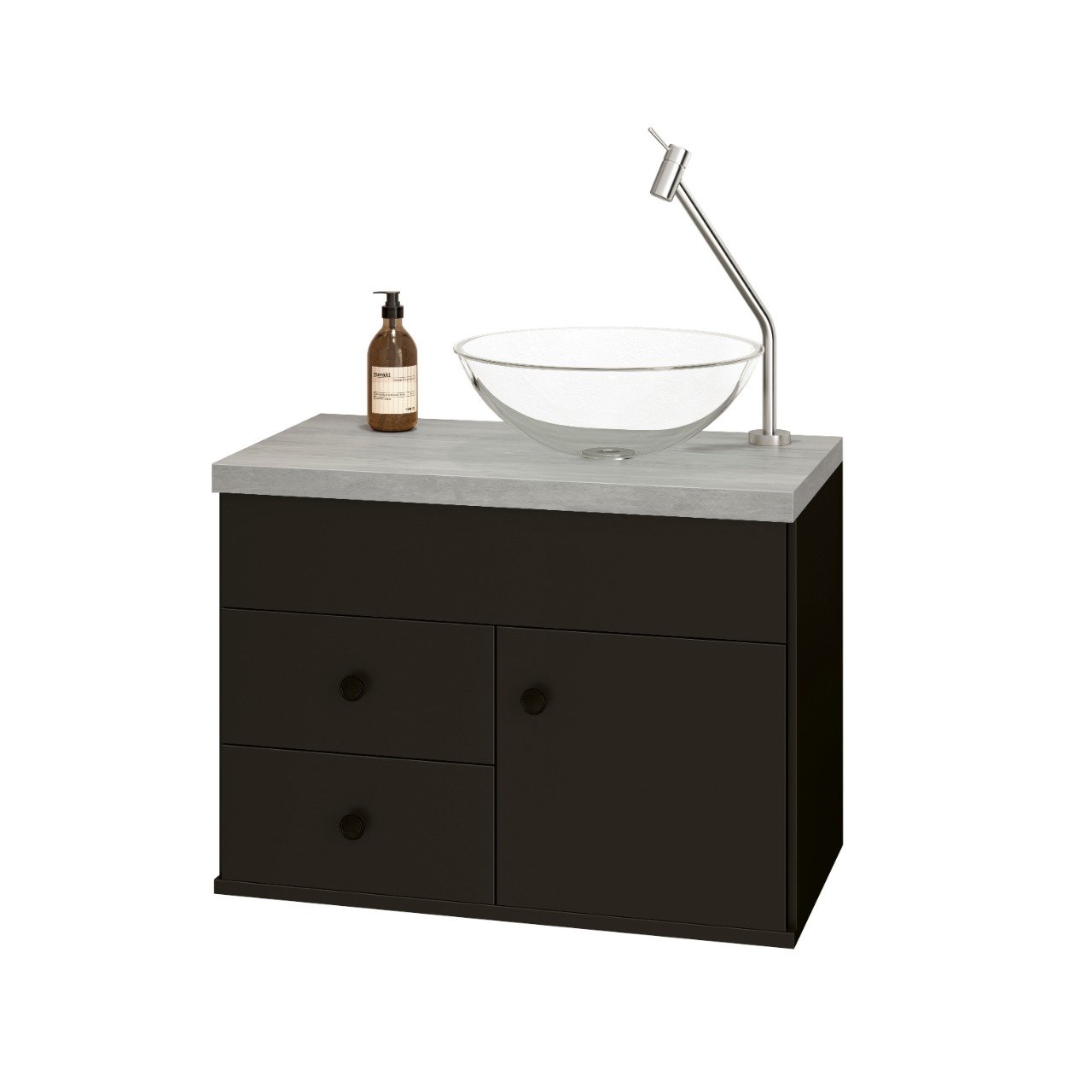 Kit Armário MDF para Banheiro Completo Luna 60 com Espelho e Cuba vidro:Preto com Cimenticio - 4