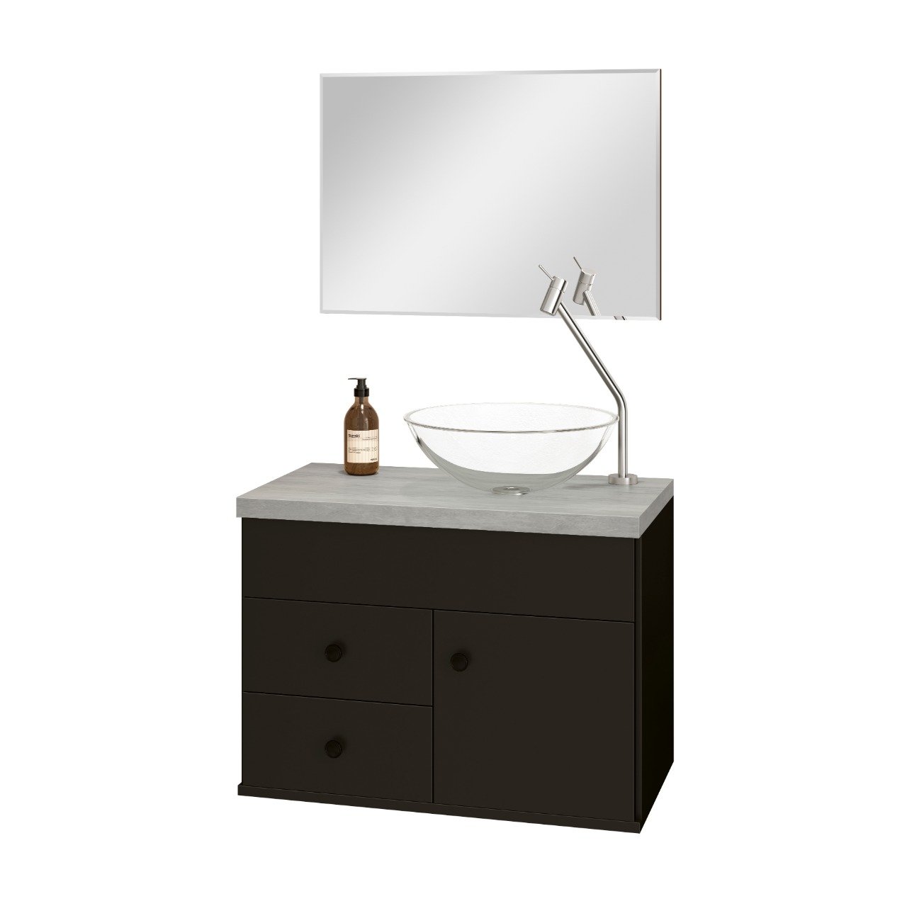 Kit Armário MDF para Banheiro Completo Luna 60 com Espelho e Cuba vidro:Preto com Cimenticio - 1