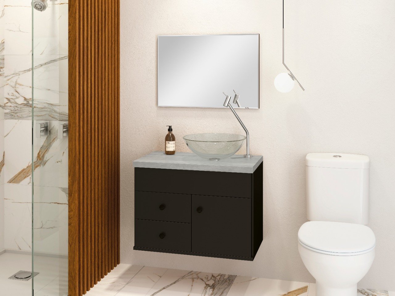 Kit Armário MDF para Banheiro Completo Luna 60 com Espelho e Cuba vidro:Preto com Cimenticio - 2