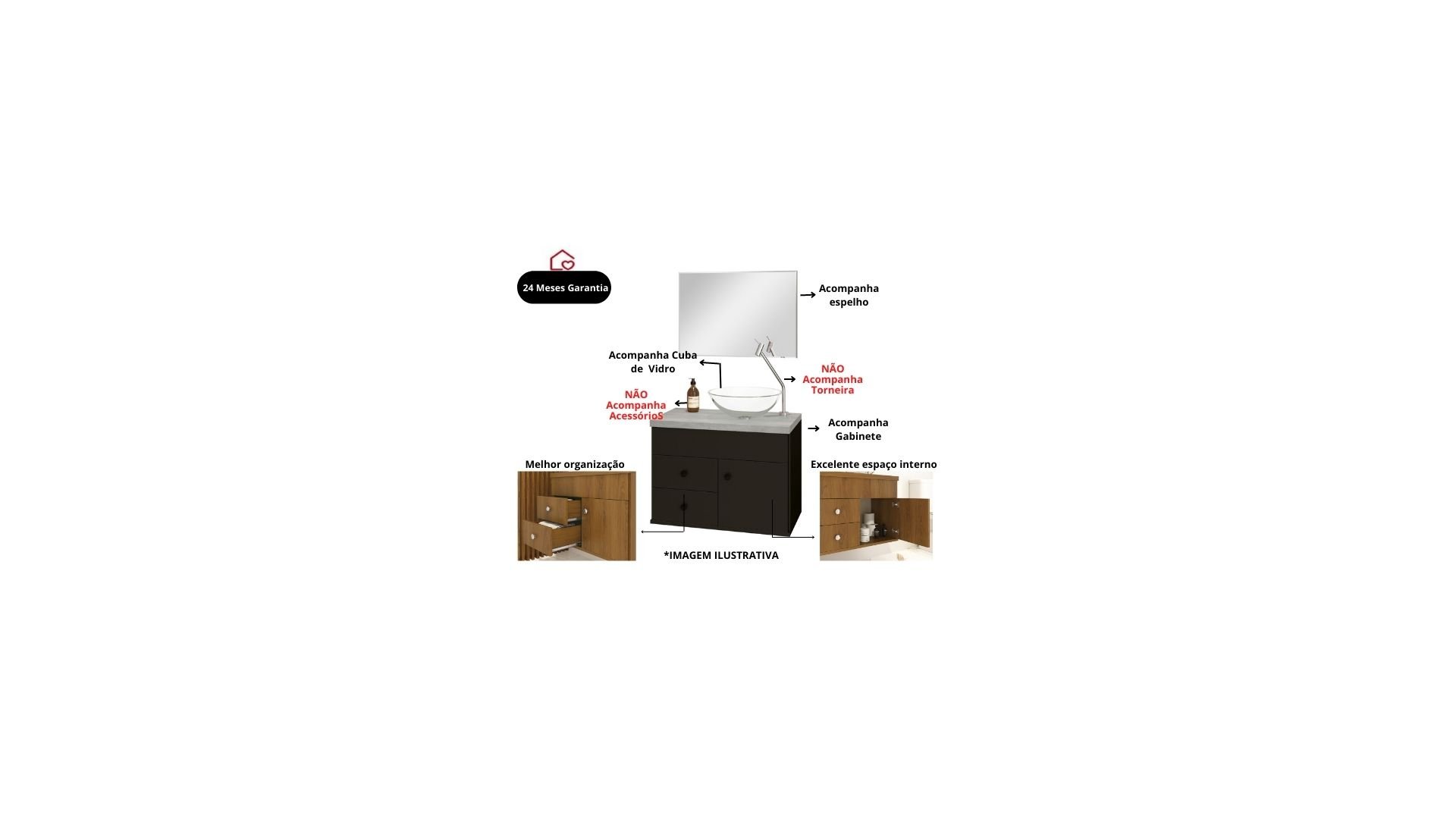 Ver imagem 5 de Kit Armário MDF para Banheiro Completo Luna 60 com Espelho e Cuba vidro:Preto com Cimenticio