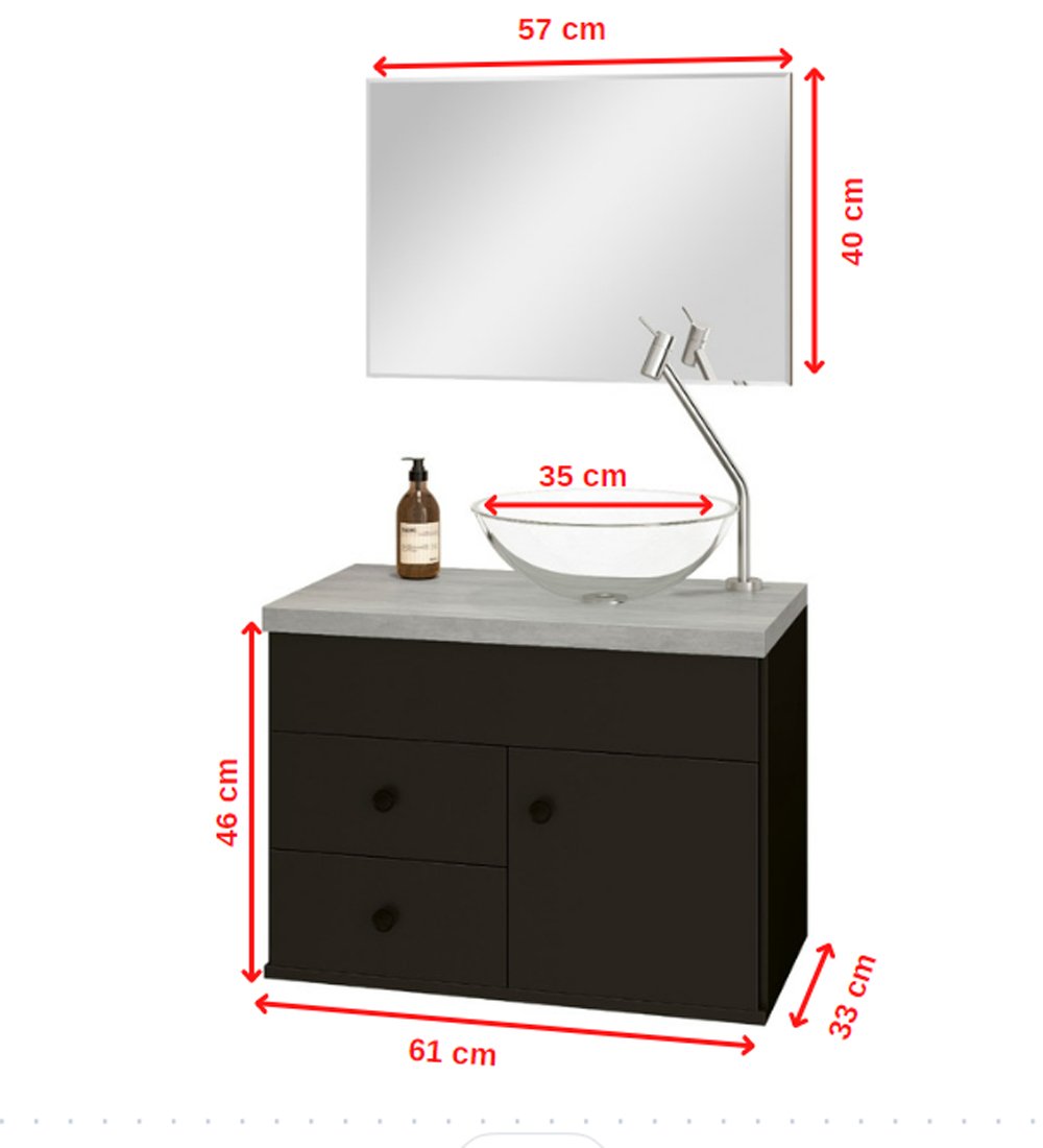 Kit Armário MDF para Banheiro Completo Luna 60 com Espelho e Cuba vidro:Preto com Cimenticio - 3