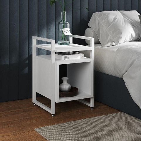 Mesa de Cabeceira Industrial Marrocos Ferro Branco e Tampo Branco